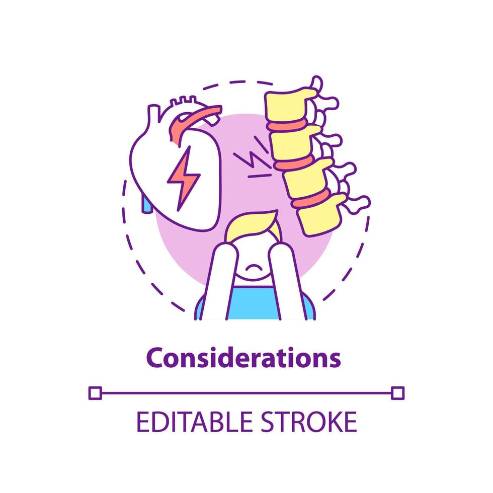 Considerations concept icon. Pulmonary rehabilitation abstract idea thin line illustration. Treatment difficulties awareness. Vector isolated outline color drawing. Editable stroke