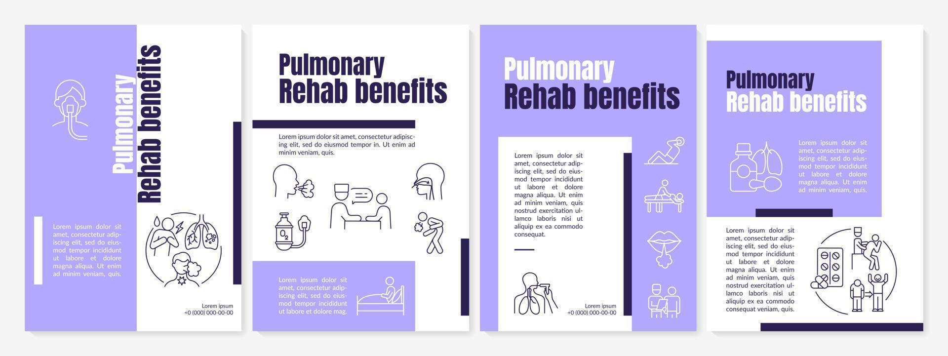 Pulmonary rehabilitation benefits purple brochure template. Flyer, booklet, leaflet print, cover design with linear icons. Vector layouts for presentation, annual reports, advertisement pages