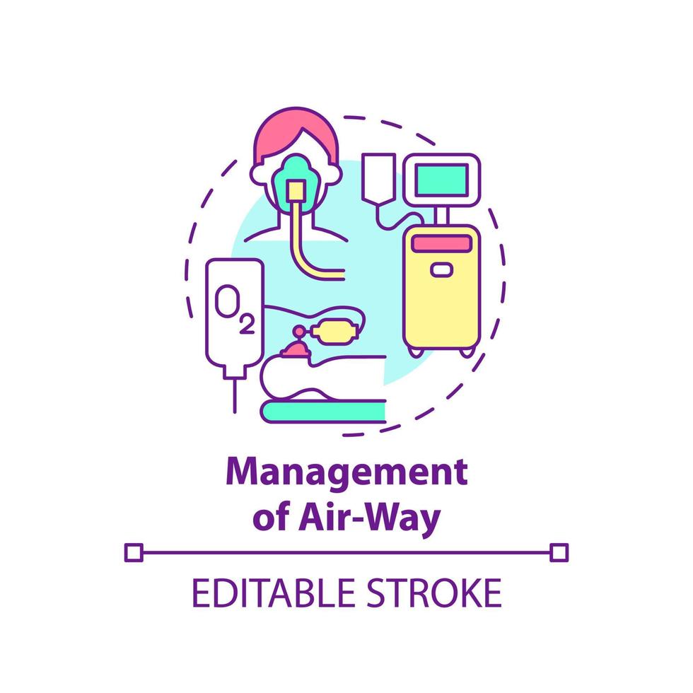 gestión del icono del concepto de vía aérea. rehabilitación pulmonar idea abstracta ilustración de línea delgada. procedimiento médico de primeros auxilios. oxigenación dibujo de color de contorno aislado vectorial. trazo editable vector