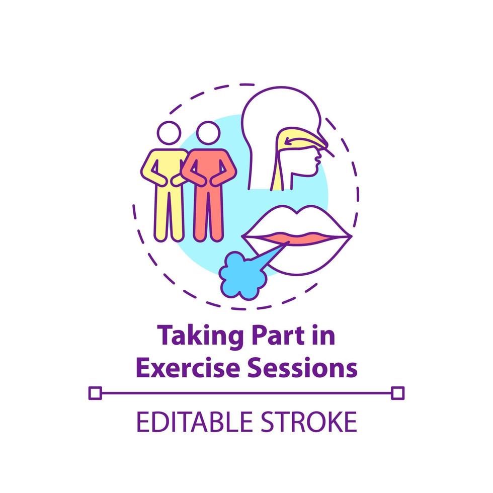 Taking part in excercise sessions concept icon. Pulmonary rehabilitation abstract idea thin line illustration. Breathing exercises with trainer. Vector isolated outline color drawing. Editable stroke