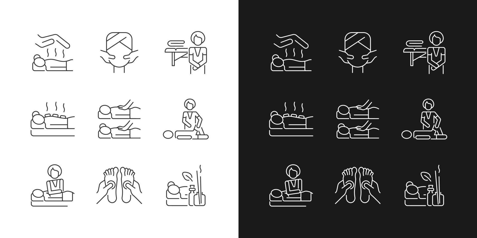 Spa treatments linear icons set for dark and light mode. Reiki session. Face massage. Hot stone therapy. Customizable thin line symbols. Isolated vector outline illustrations. Editable stroke