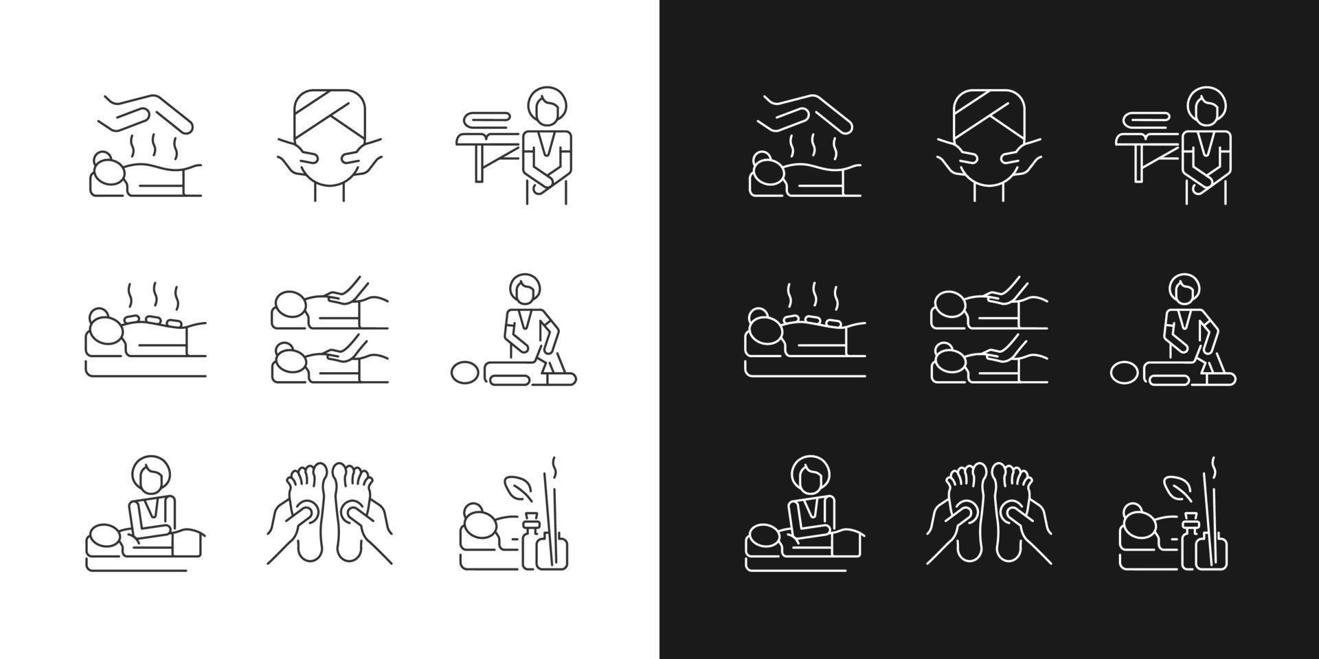 iconos lineales de tratamientos de spa establecidos para modo oscuro y claro. sesión de reiki. masaje facial. terapia con piedras calientes. símbolos de línea fina personalizables. ilustraciones aisladas de contorno vectorial. trazo editable vector