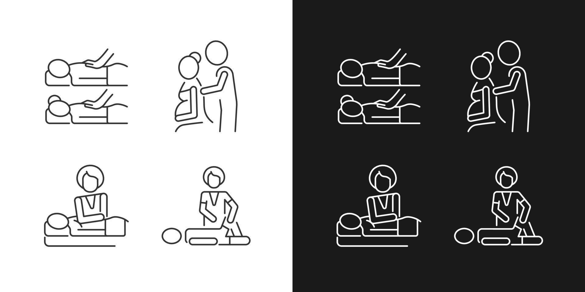 relajante experiencia de spa iconos lineales establecidos para modo oscuro y claro. masaje en pareja. terapia prenatal. símbolos de línea fina personalizables. ilustraciones aisladas de contorno vectorial. trazo editable vector