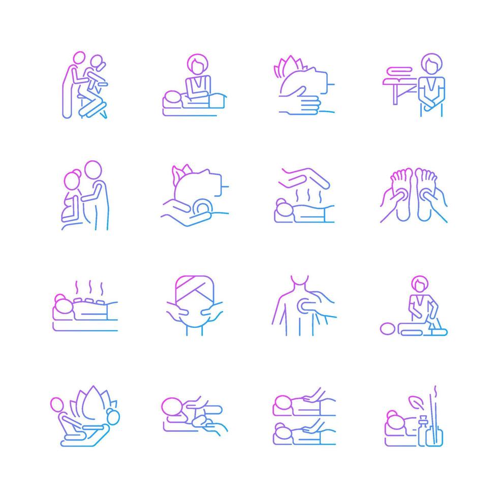 Massage types gradient linear vector icons set. Physical health improvement. Applying pressure to muscles. Healing body. Thin line contour symbols bundle. Isolated outline illustrations collection