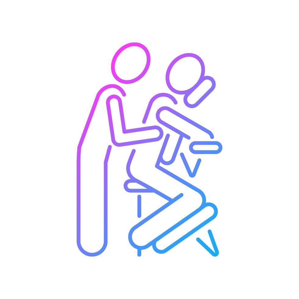 Chair massage gradient linear vector icon. Performing treatment in seated position. Relax muscles in upper body. Thin line color symbol. Modern style pictogram. Vector isolated outline drawing