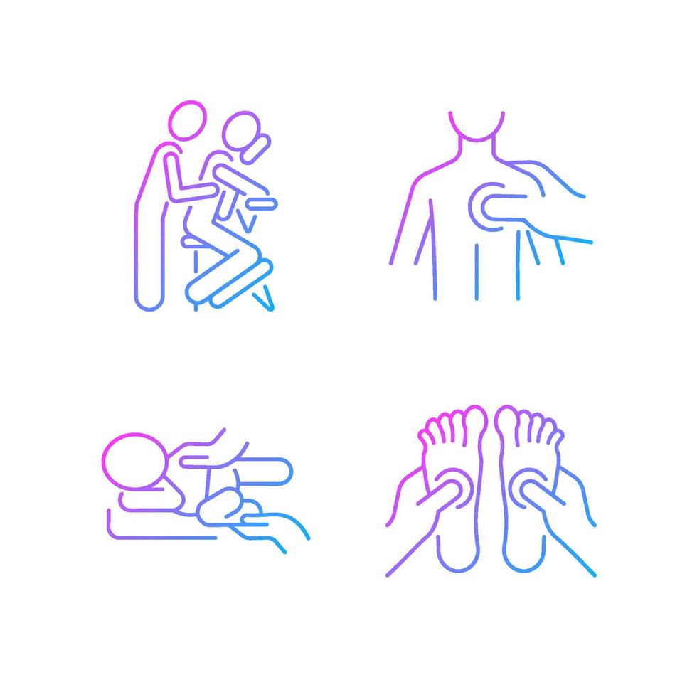 Massage therapy techniques gradient linear vector icons set. Pressing on trigger points. Treating newborn colic. Thin line contour symbols bundle. Isolated outline illustrations collection