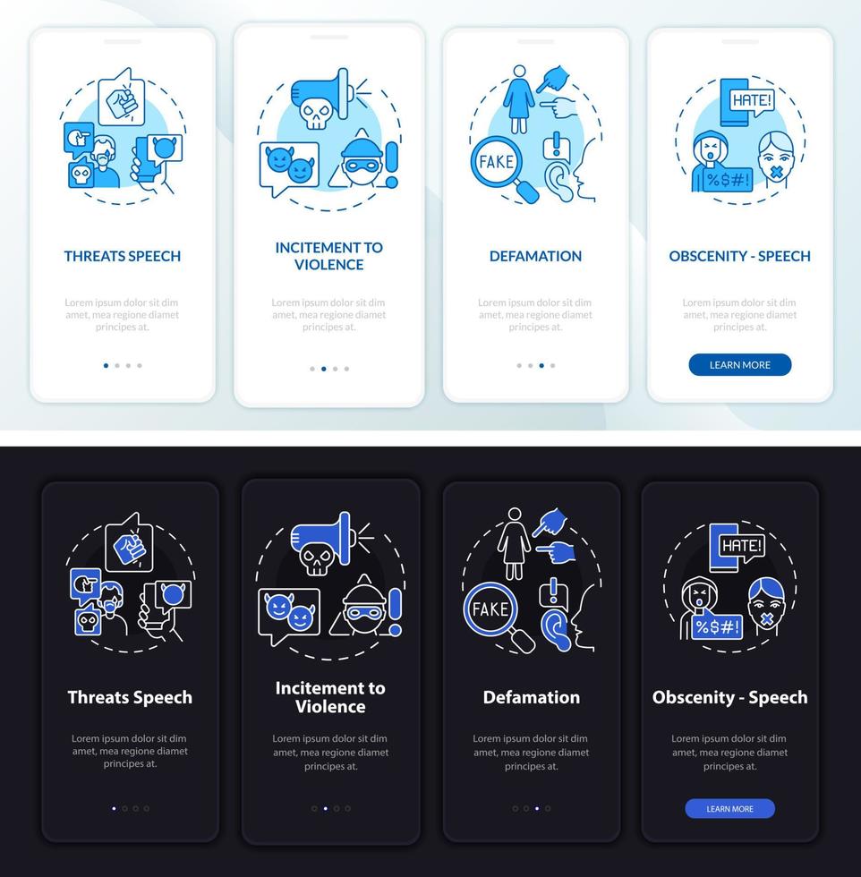 Unprotected speech types onboarding mobile app page screen. Threats walkthrough 4 steps graphic instructions with concepts. UI, UX, GUI vector template with linear night and day mode illustrations