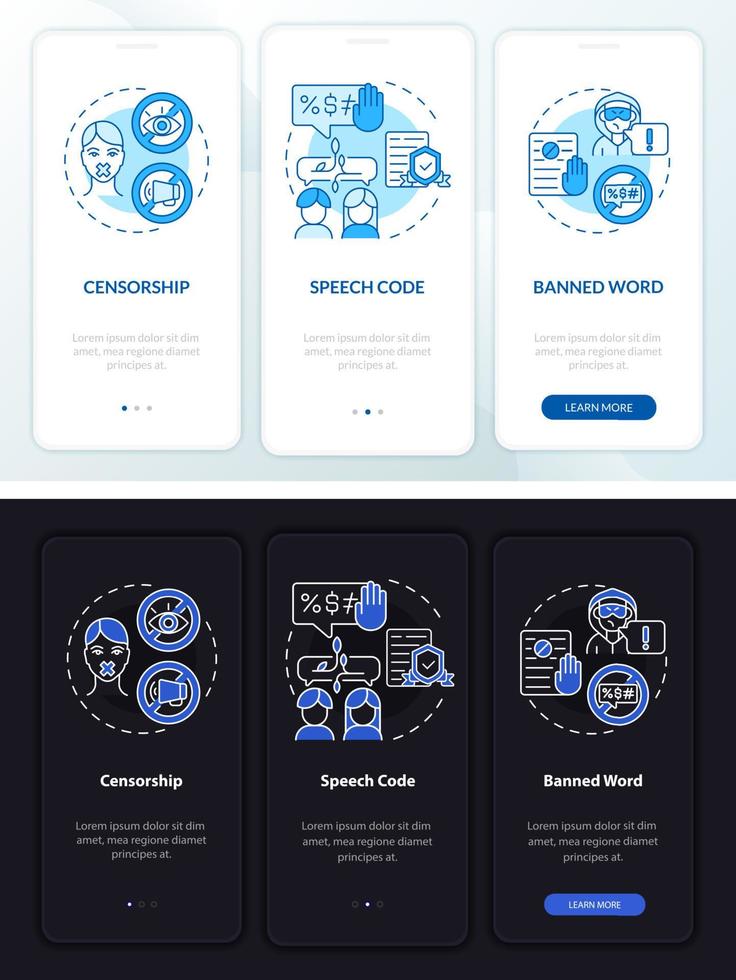 Policies on hate speech onboarding mobile app page screen. Censorship walkthrough 3 steps graphic instructions with concepts. UI, UX, GUI vector template with linear night and day mode illustrations