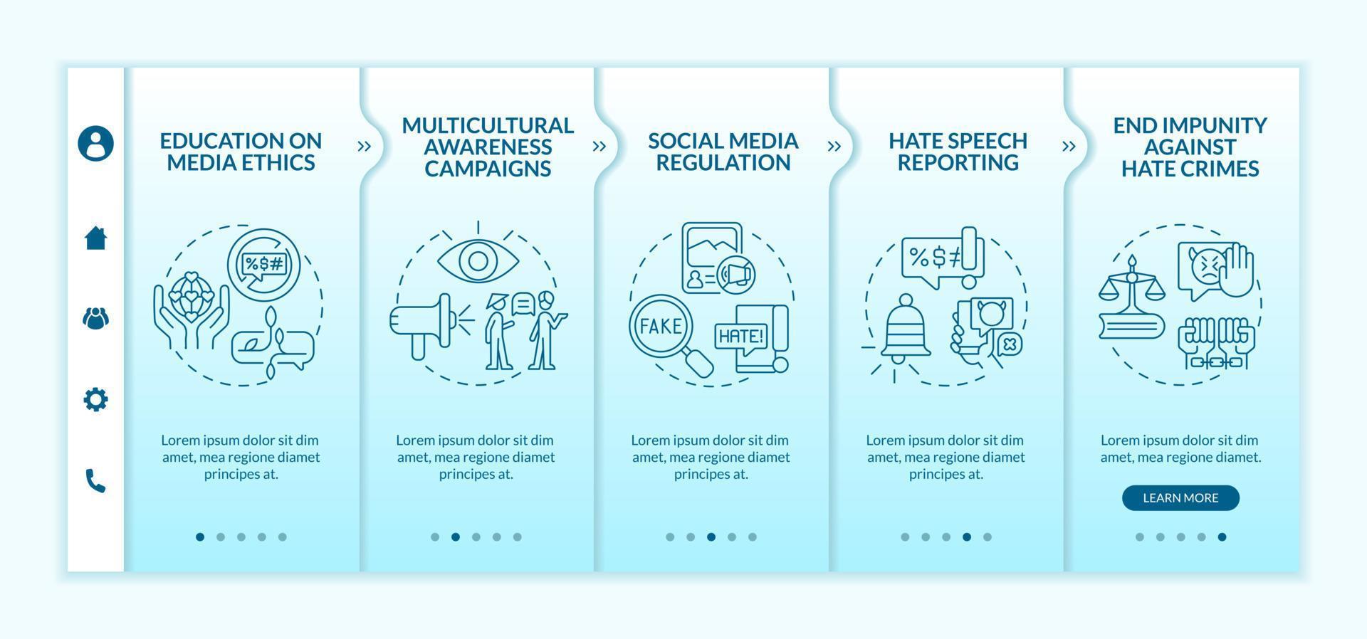 Hate speech prevention onboarding vector template. Responsive mobile website with icons. Web page walkthrough 5 step screens. Social media regulation color concept with linear illustrations