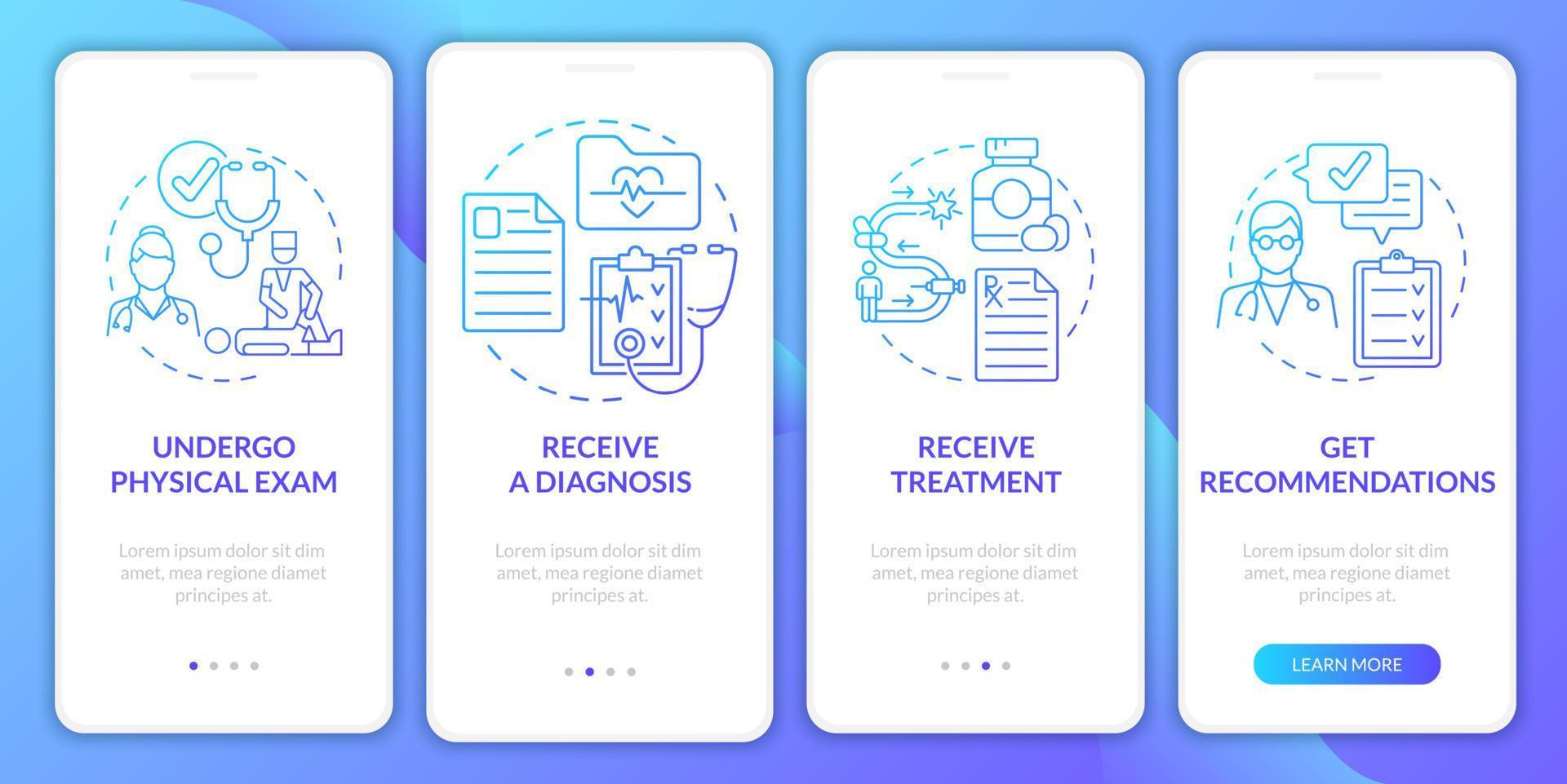 PT process gradient onboarding mobile app page screen. Health care. Physical therapy walkthrough 4 steps graphic instructions with concepts. UI, UX, GUI vector template with linear color illustrations