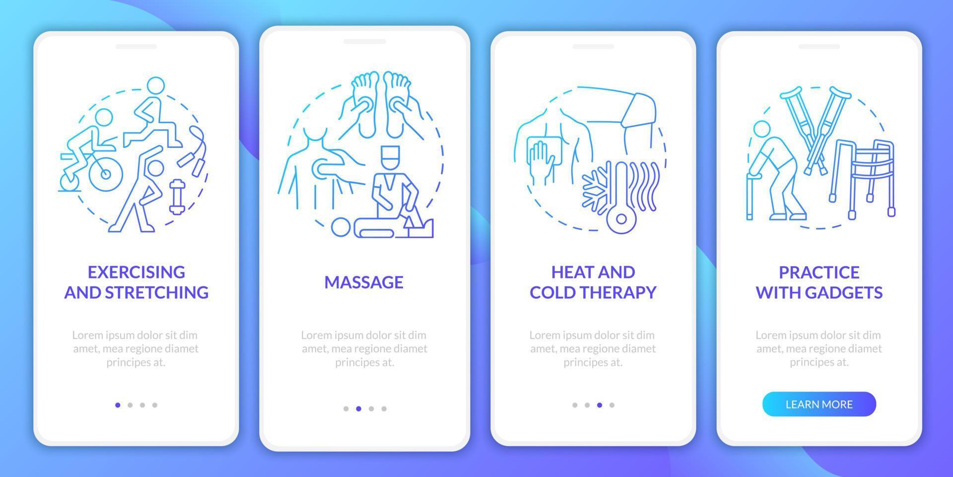 PT treatments gradient onboarding mobile app page screen. Physiotherapy walkthrough 4 steps graphic instructions with concepts. UI, UX, GUI vector template with linear color illustrations