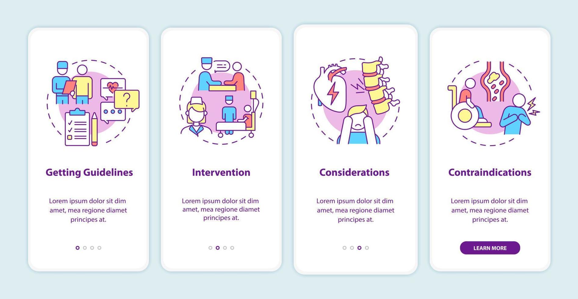 Pulmonary rehab process onboarding mobile app page screen. Recovery plan walkthrough 4 steps graphic instructions with concepts. UI, UX, GUI vector template with linear color illustrations