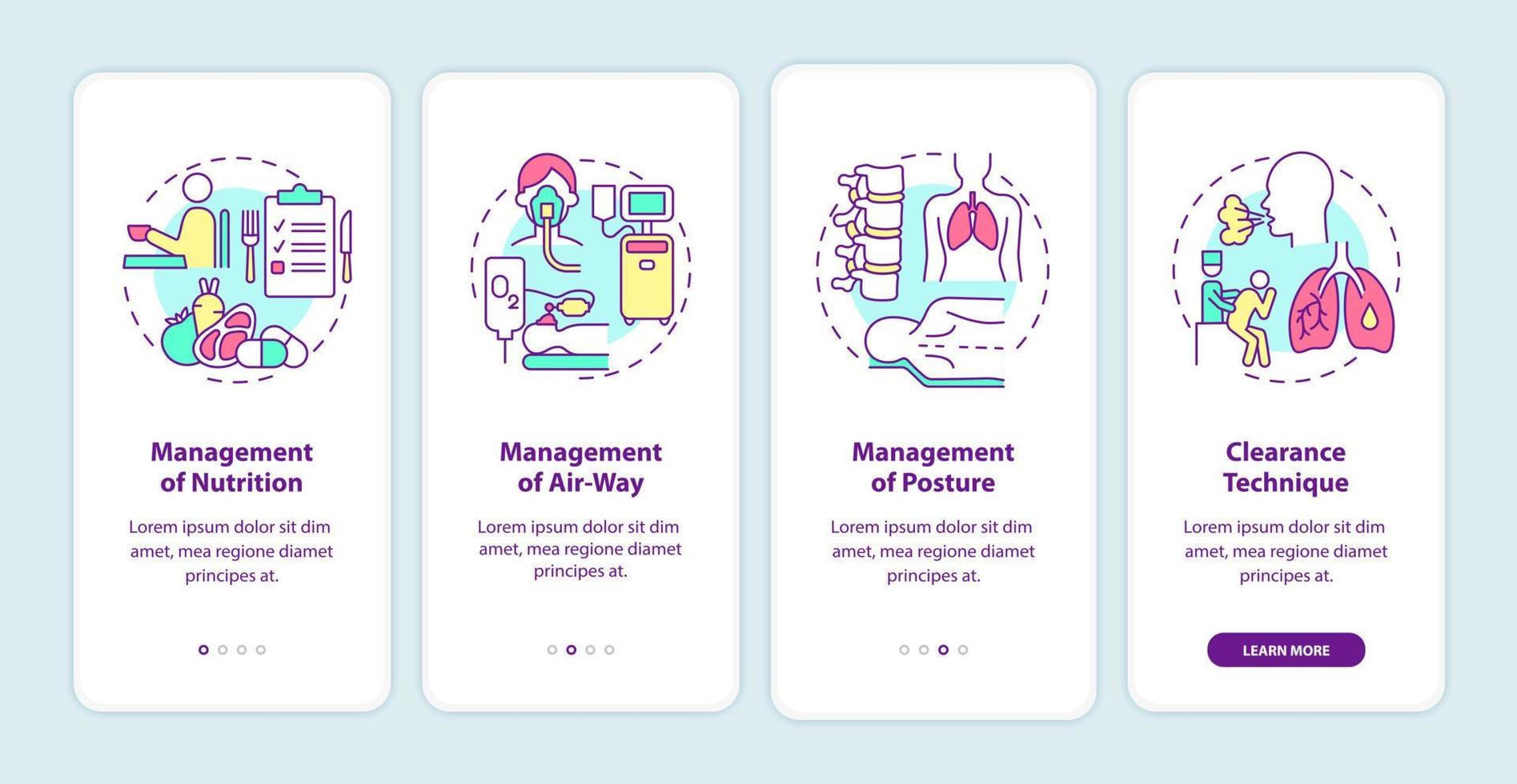 Pulmonary rehabilitation onboarding mobile app page screen. Recovery management walkthrough 4 steps graphic instructions with concepts. UI, UX, GUI vector template with linear color illustrations