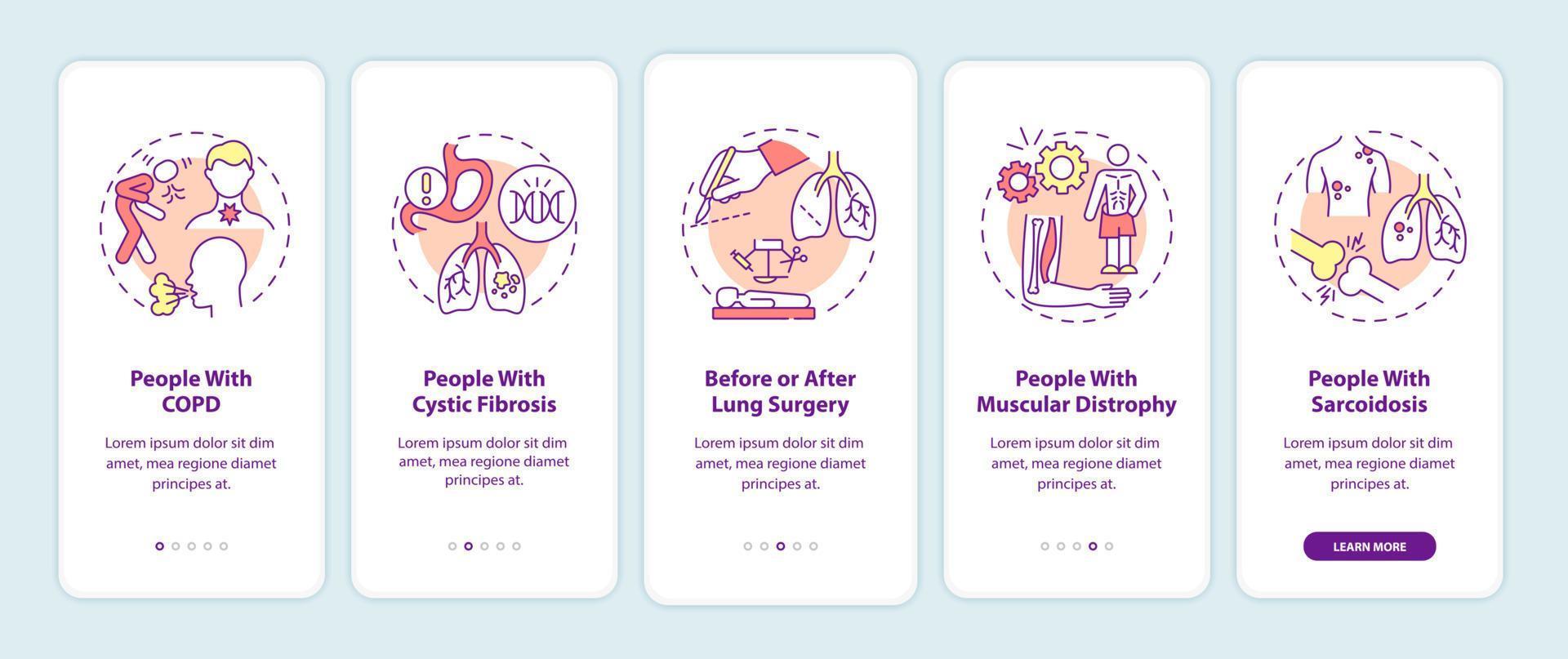 Who needs pulmonary rehabilitation onboarding mobile app page screen. Walkthrough 5 steps graphic instructions with concepts. UI, UX, GUI vector template with linear color illustrations