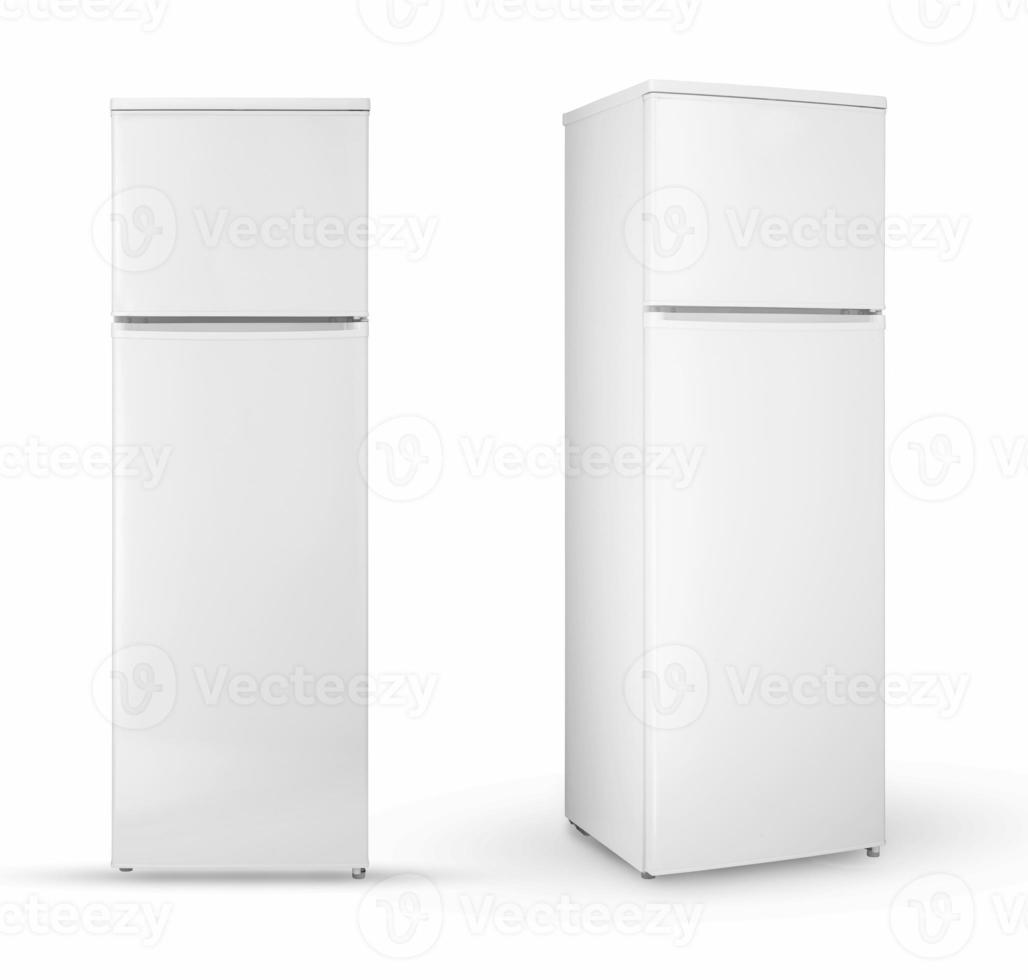 modern household two chamber refrigerator on a white background, two angles and positions, isolated photo