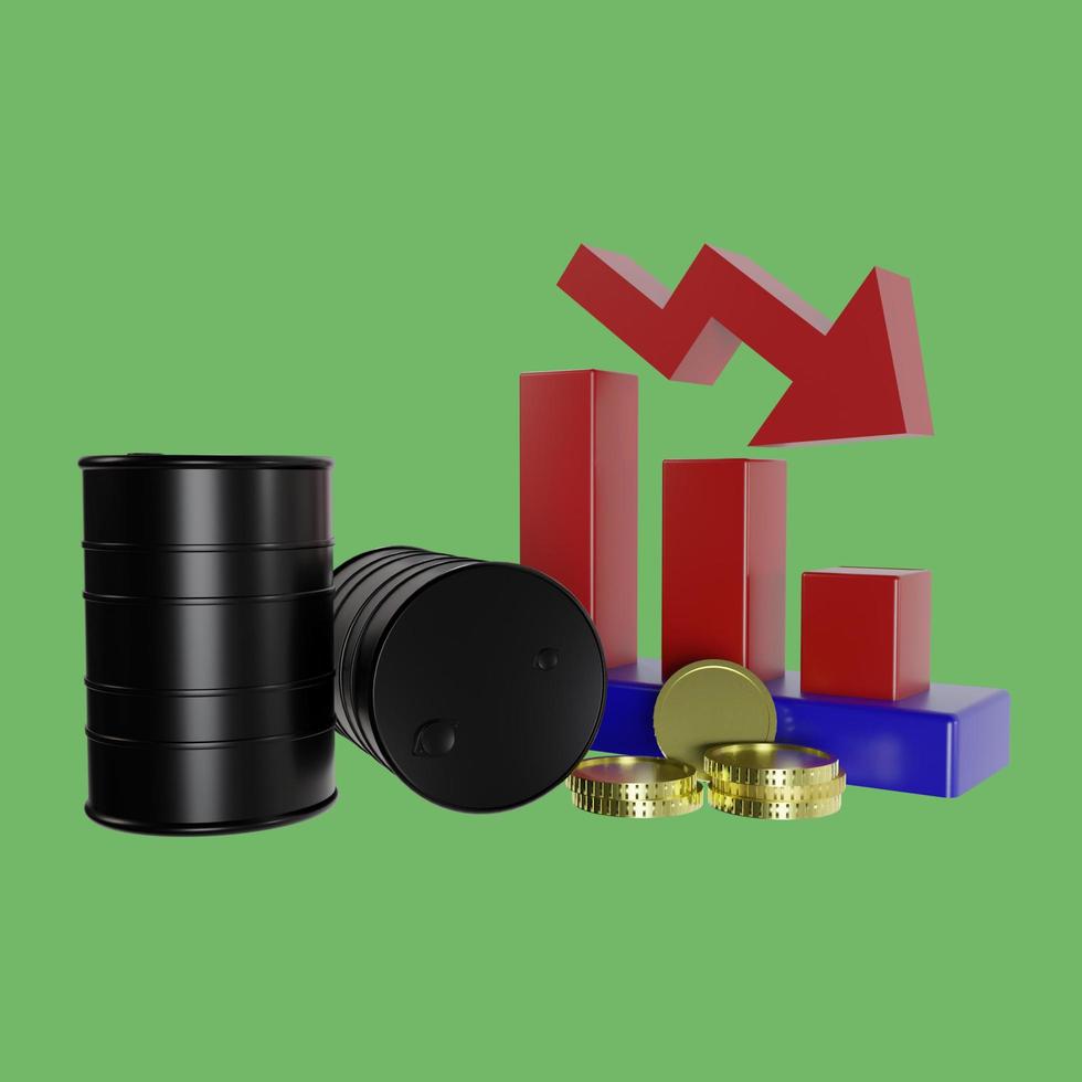 3d render illustration oil drum with bar chart stock down isolated on green background photo