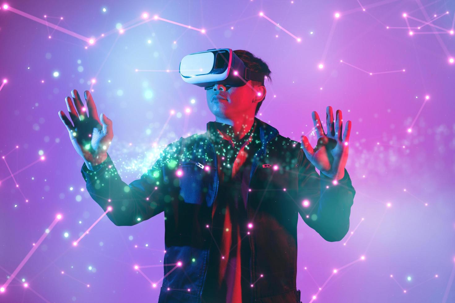 Metaverse digital cyber world technology, man with virtual reality VR