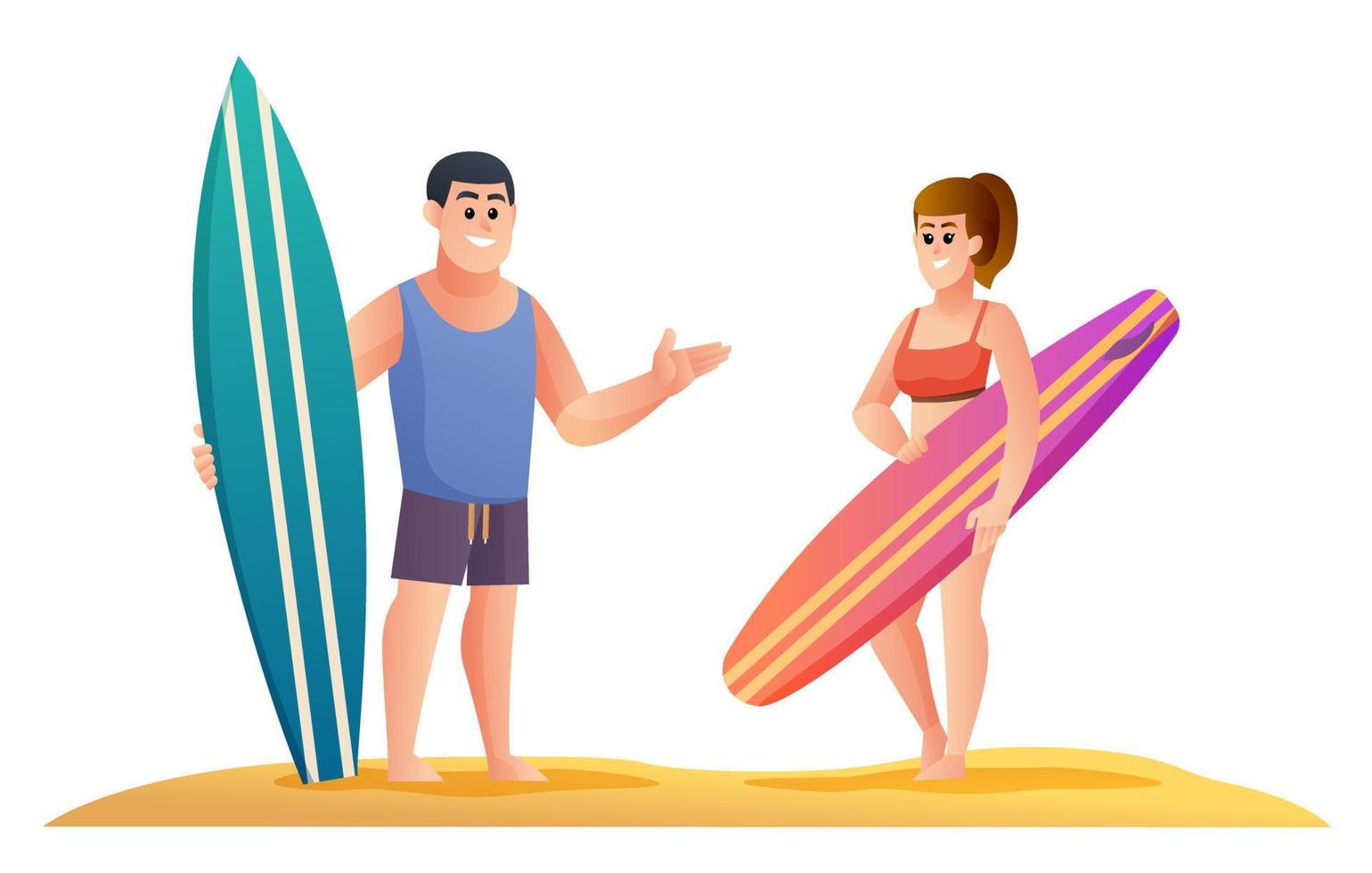 hombre y mujer sosteniendo su tabla de surf en la ilustración de vector de playa. hombres y mujeres en personajes conceptuales de vacaciones de verano