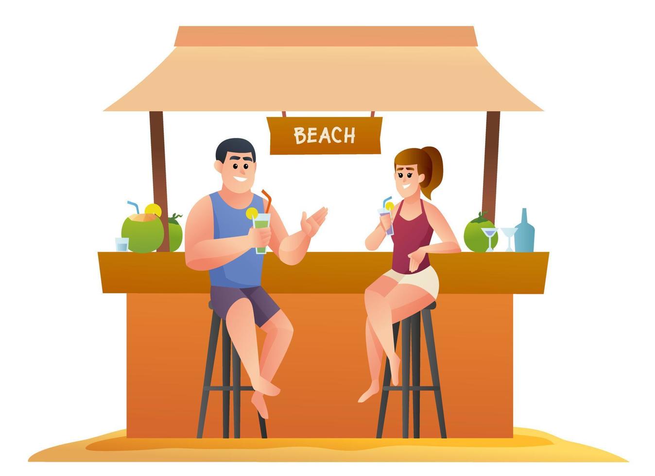 Couple enjoying drinks at beach cafe vector illustration. Male and female on summer vacation concept characters