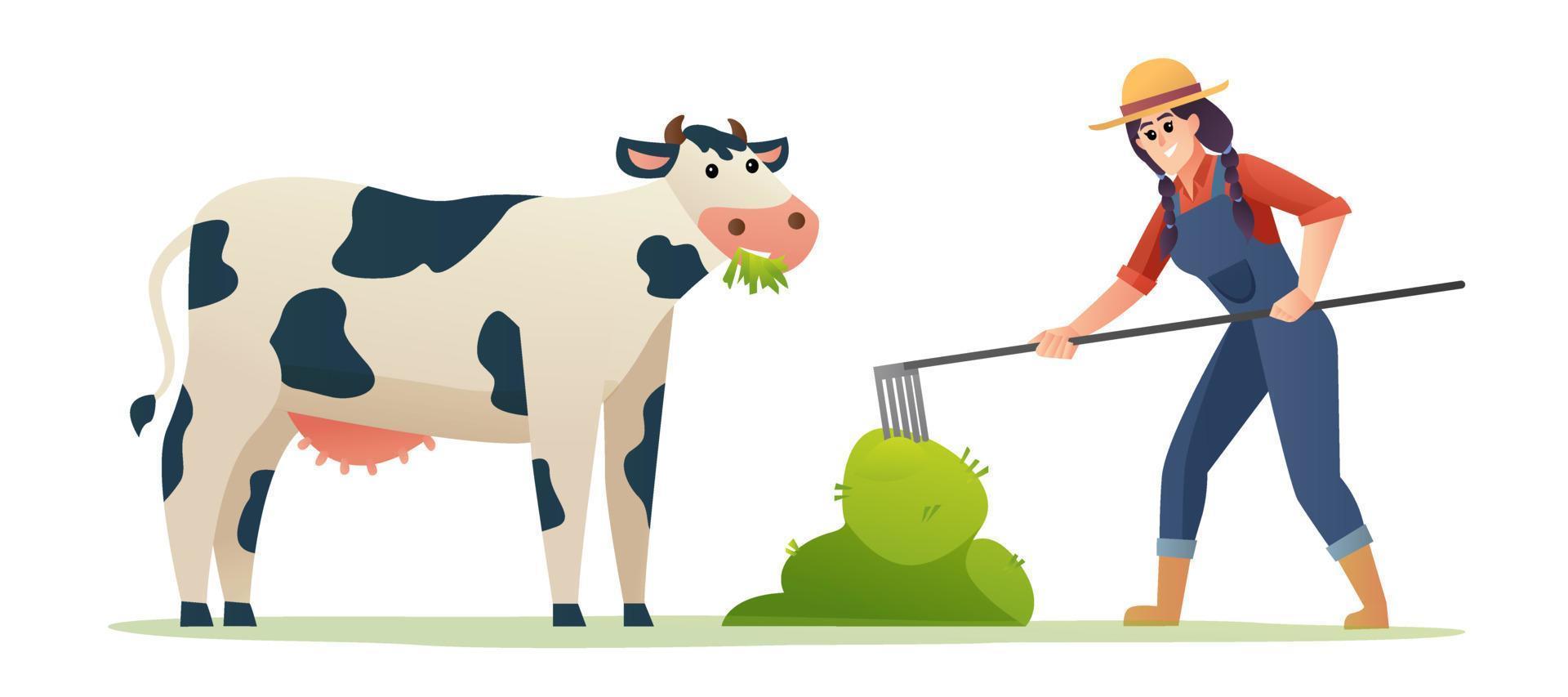 Female farmer feeding cow with grass illustration vector