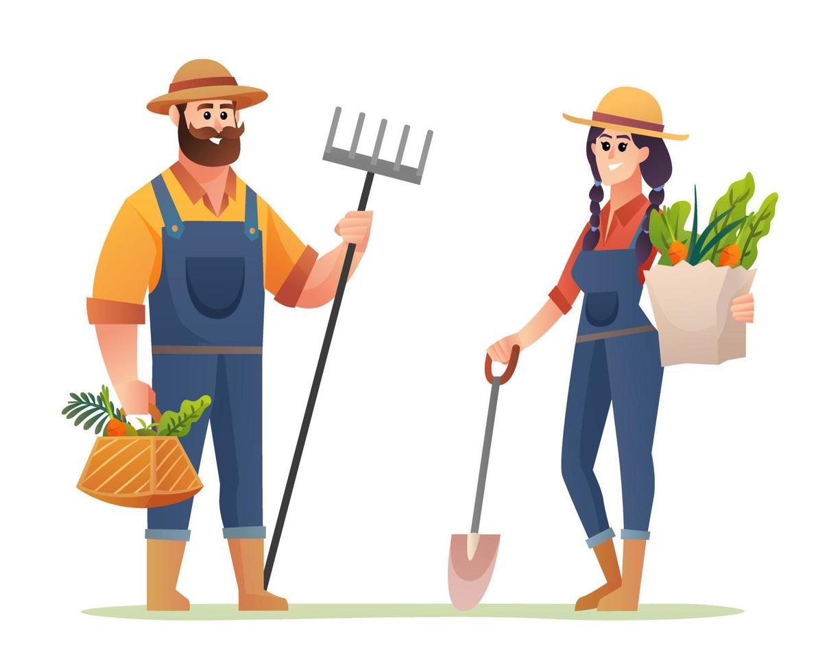 Happy male and female farmers with organic vegetables cartoon vector