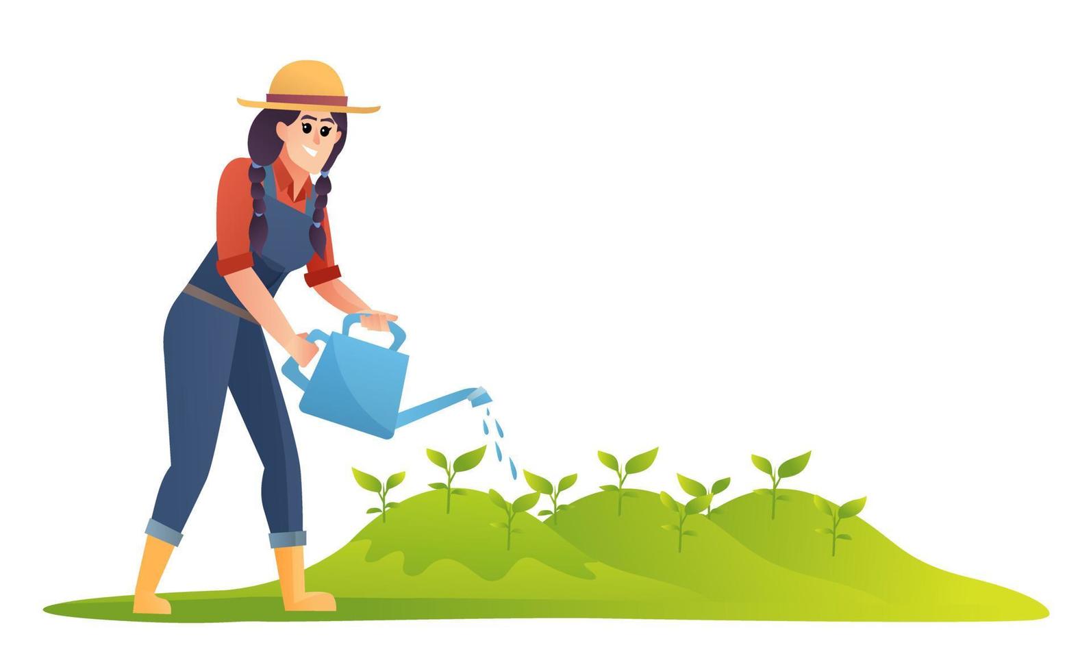 Woman farmer watering plants illustration vector