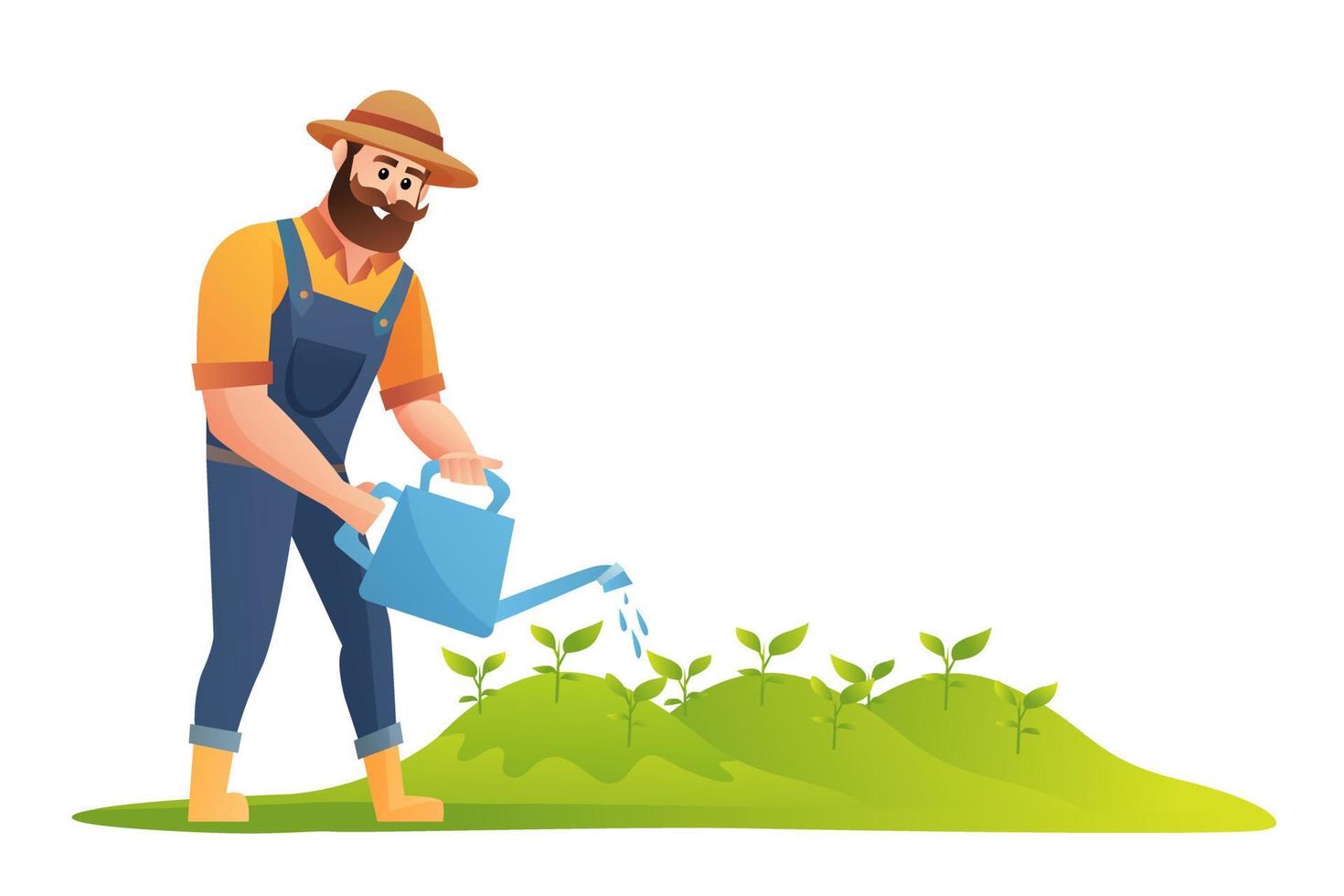 granjero feliz regando plantas ilustración vector