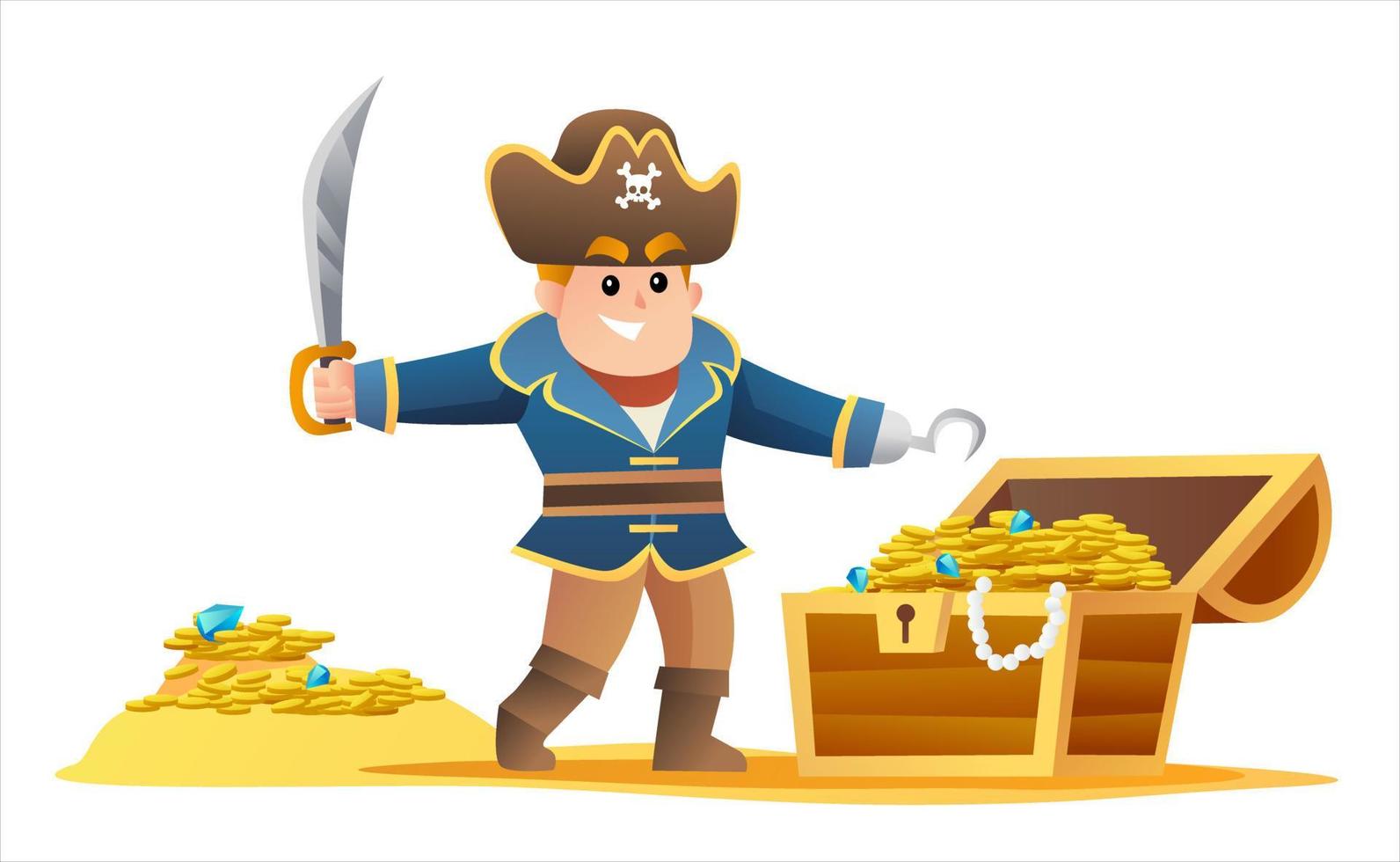lindo pirata sosteniendo espada con dibujos animados de cofre del tesoro vector