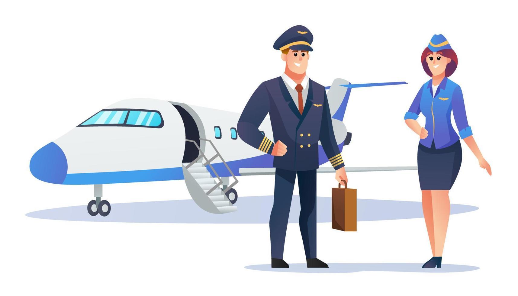 Pilot and stewardess characters with airplane vector