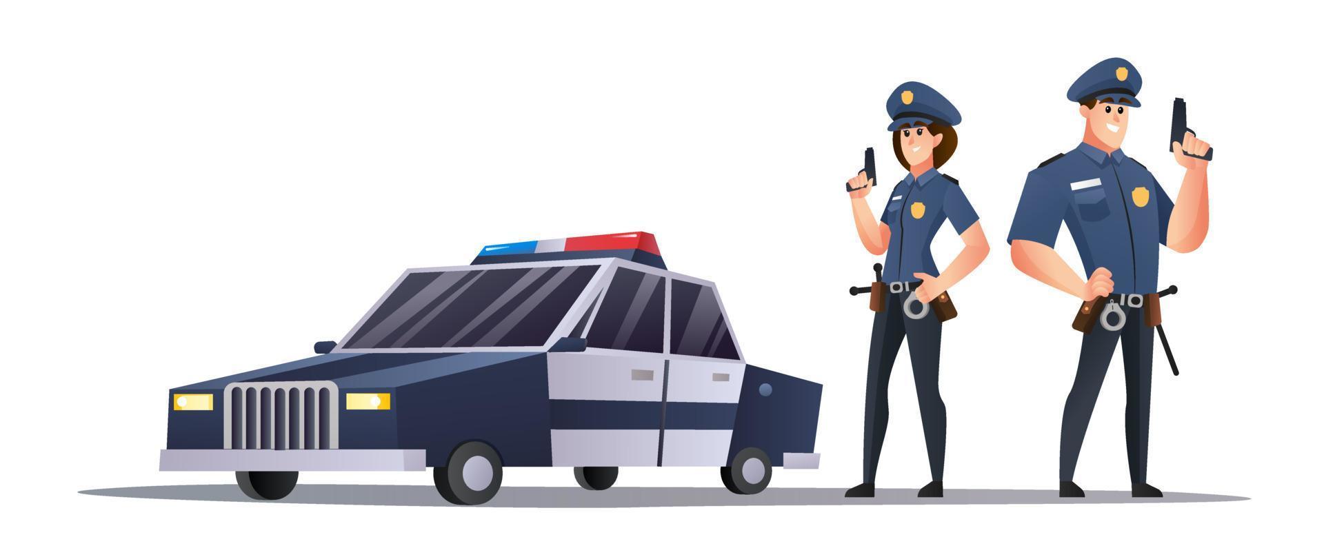 policías y policías con armas al lado de la ilustración del coche de policía vector