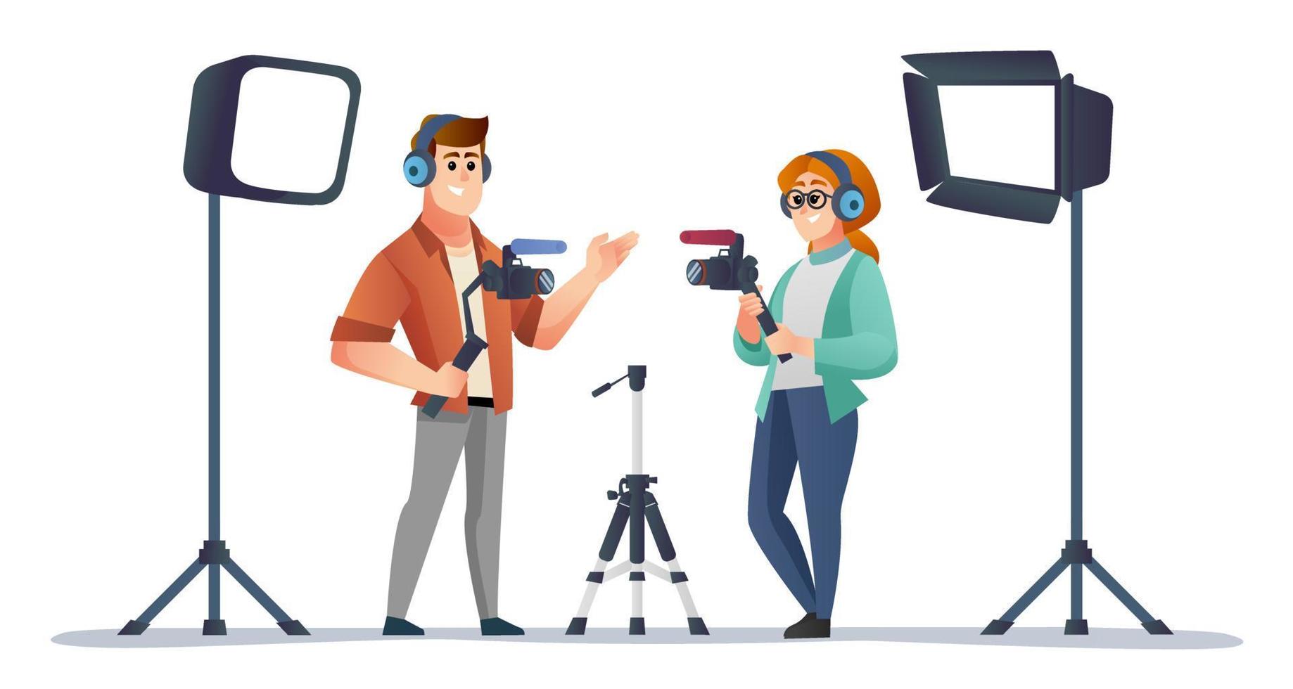 Professional male and female videographer holding camera stabilizer in studio illustration vector