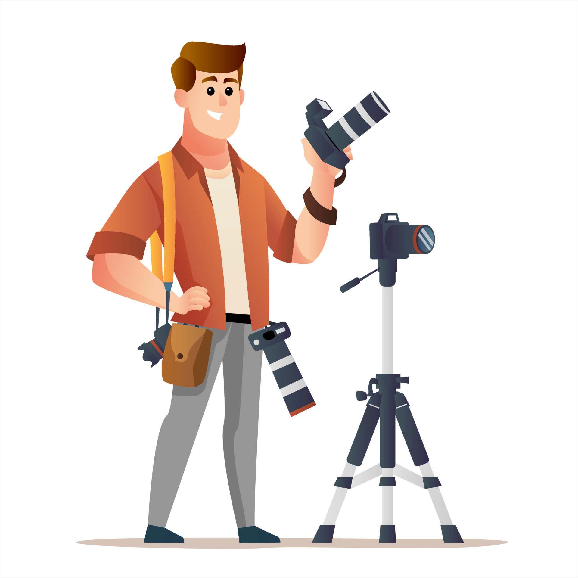 Character of professional photographer holding camera with tripod