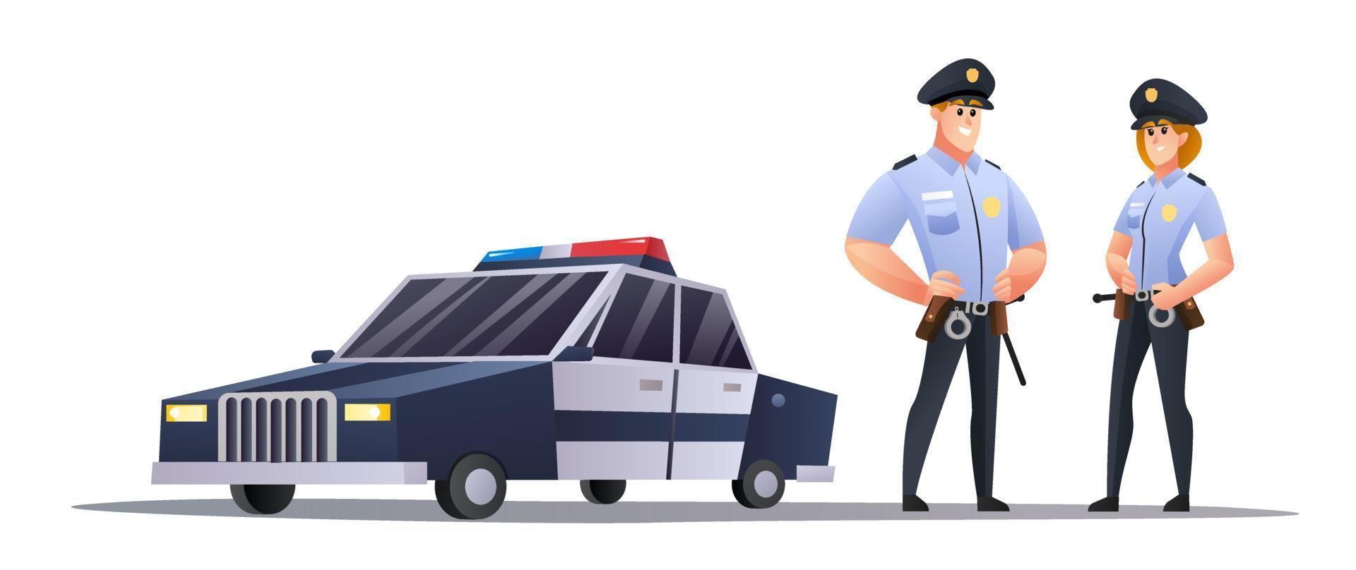 Policeman and police woman officers standing beside police car illustration vector