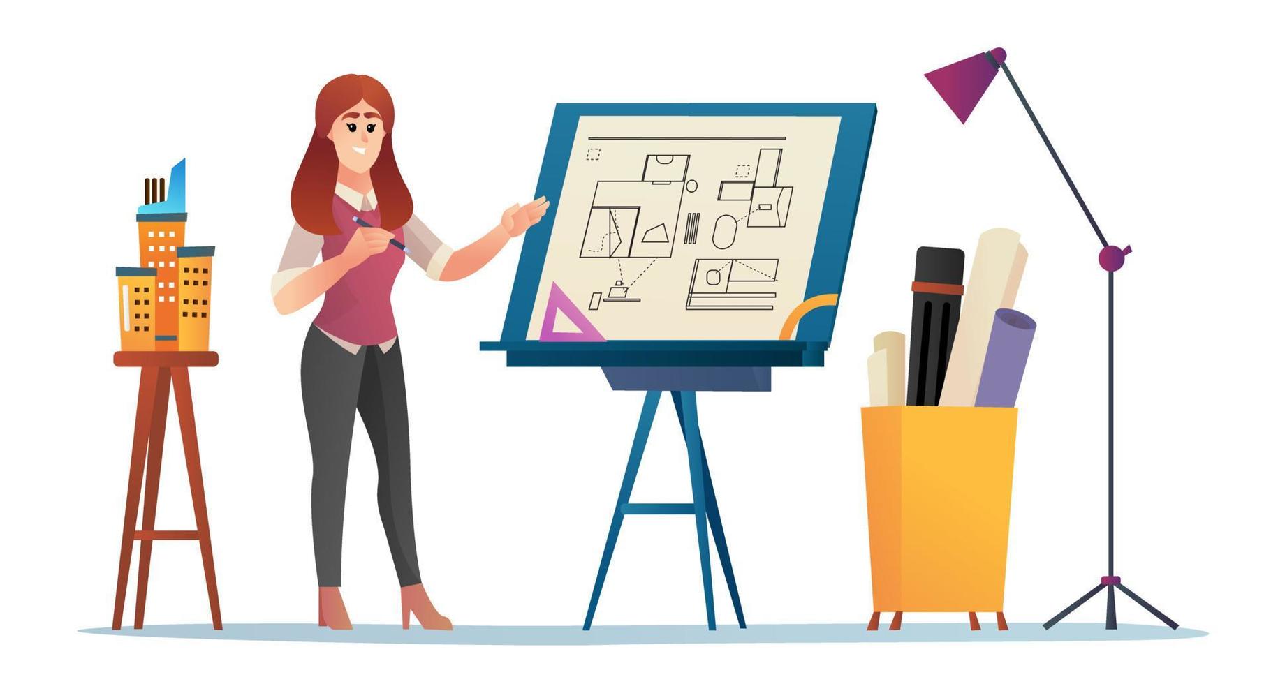 Female architect presenting project concept cartoon illustration. Woman engineer standing near drawing board explaining project. draft, and building. Flat vector illustration