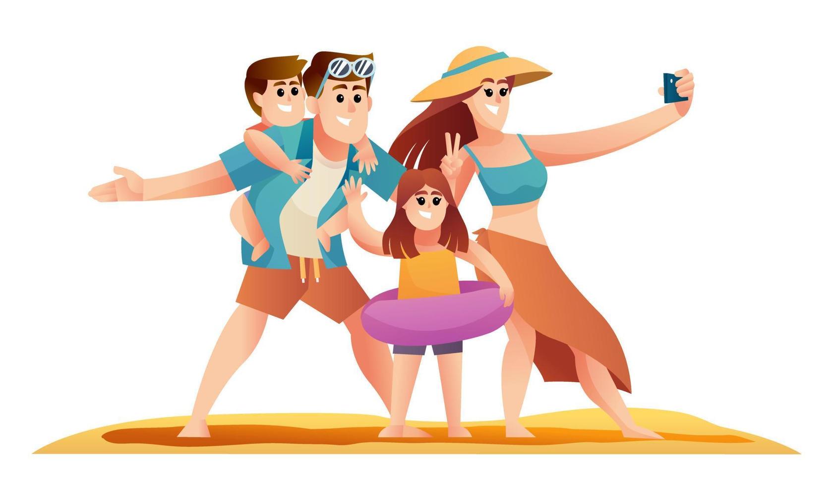 familia tomando selfie en la ilustración del concepto de vacaciones de verano. familia feliz disfrutando de vacaciones en el conjunto de personajes de playa vector