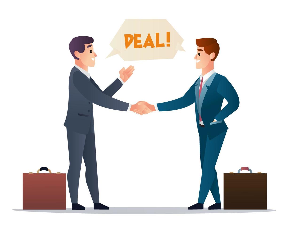 Two business partners handshaking for cooperation illustration. Satisfied businessmen shake hands for signed agreement vector