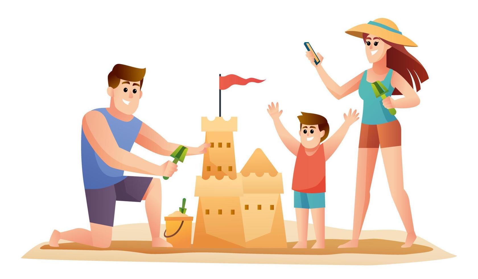 padres de familia e hijo haciendo ilustración de dibujos animados de castillo de arena. familia en la ilustración del concepto de vacaciones de verano vector