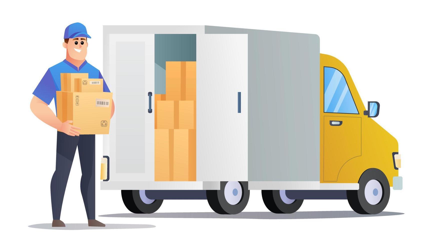 mensajero entregar paquetes por camión ilustración vectorial vector