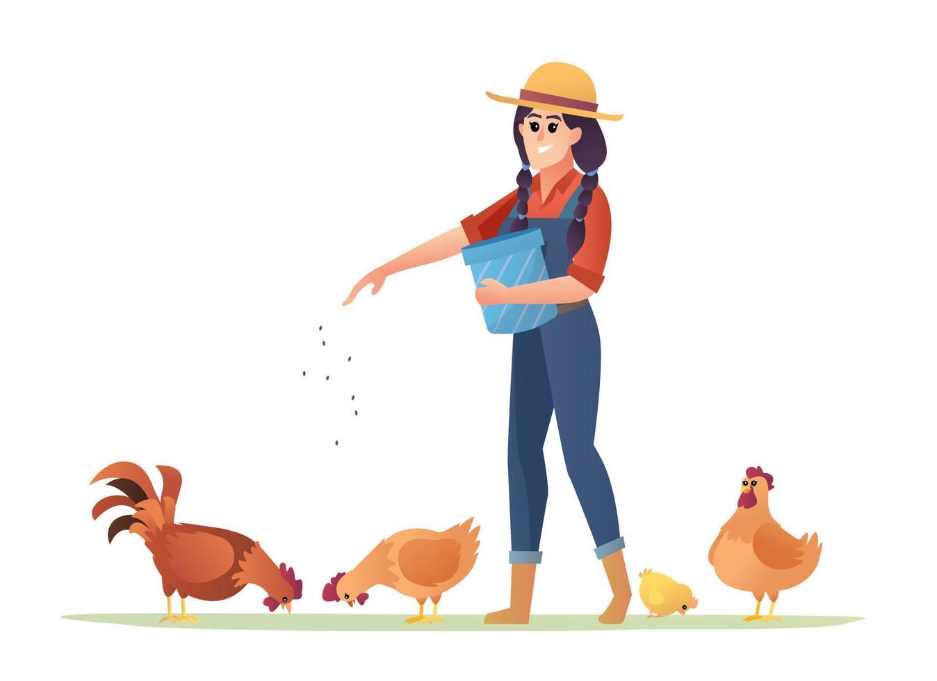 ilustración de una agricultora alimentando pollos vector