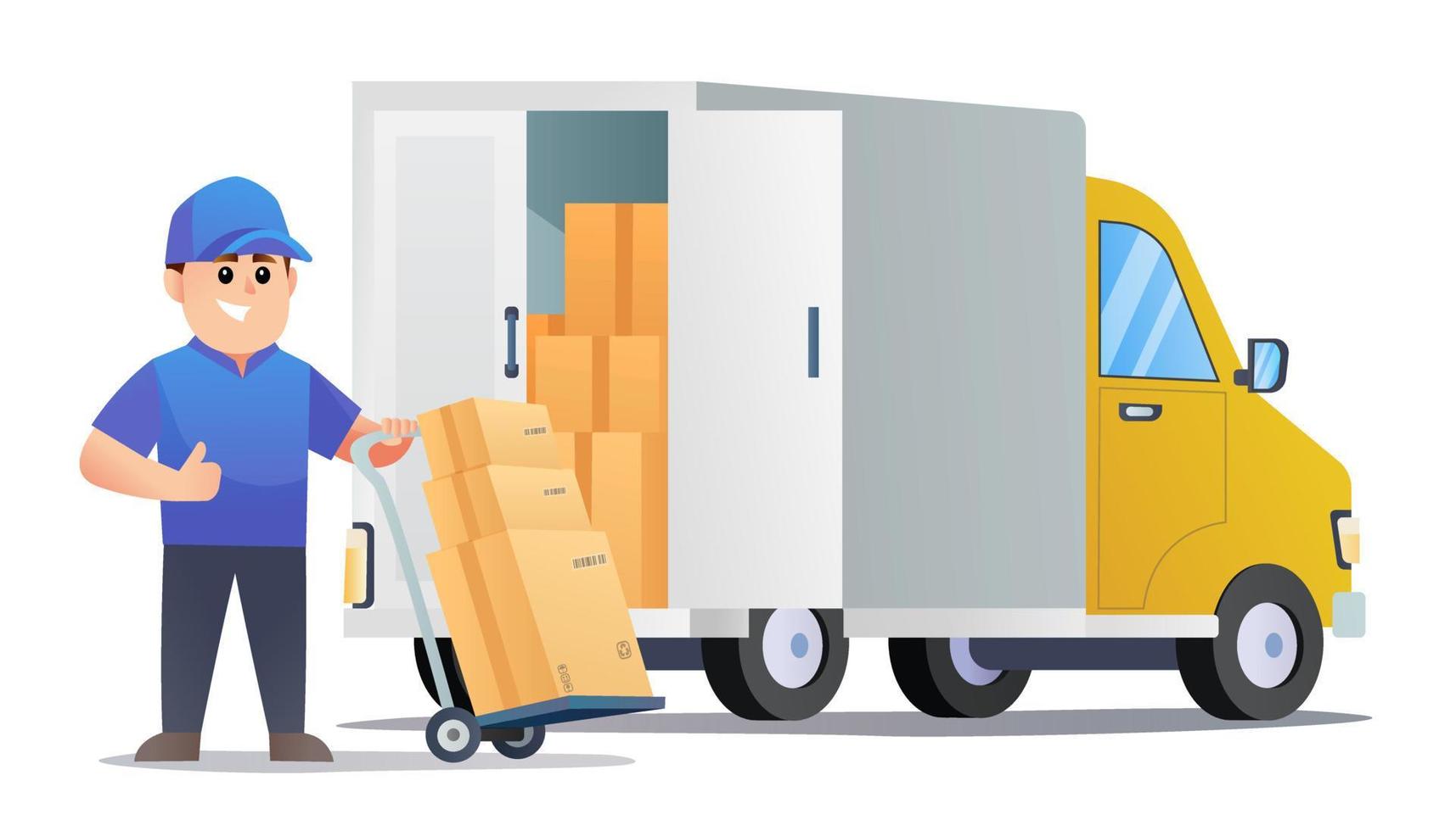 cute-courier-delivery-packages-with-van-cartoon-vector