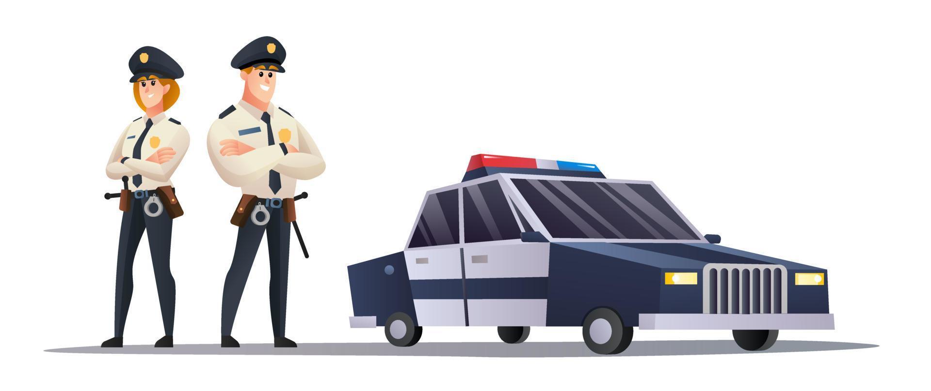 Policeman and police woman officers with police car illustration vector