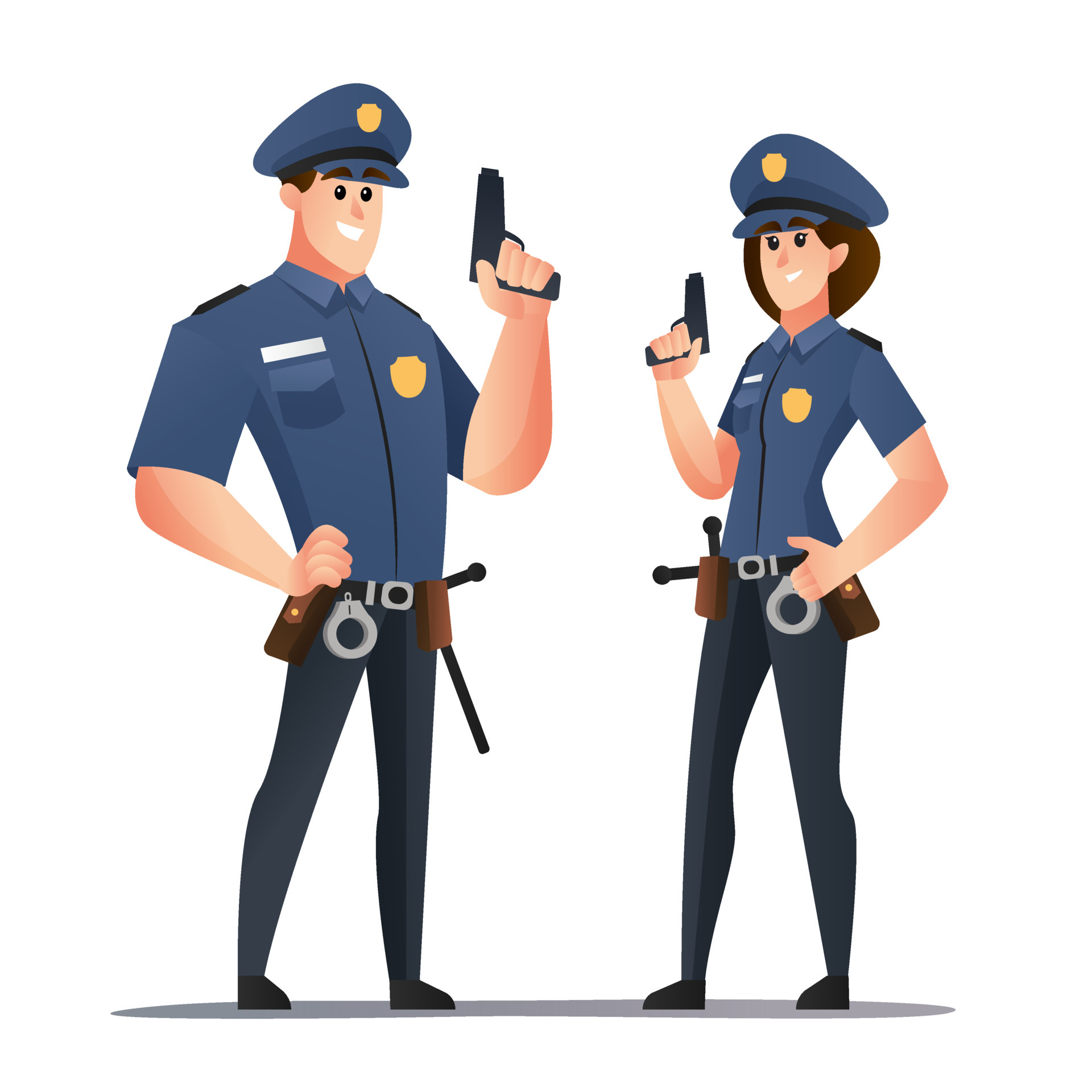 Policeman and police woman officers holding guns cartoon characters 6461769  Vector Art at Vecteezy