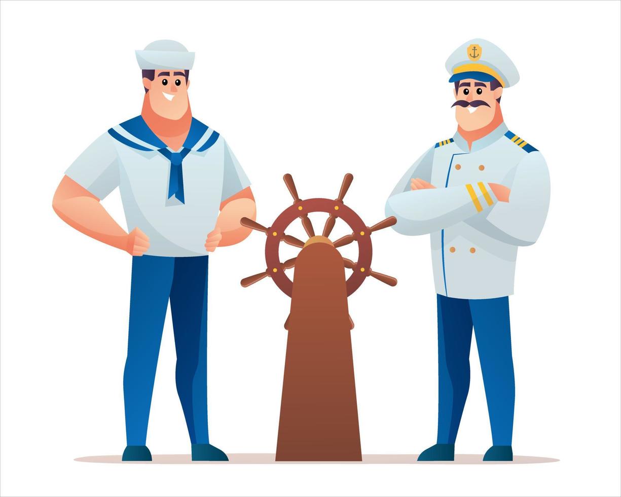 Set of captain and sailor at steering wheel vector