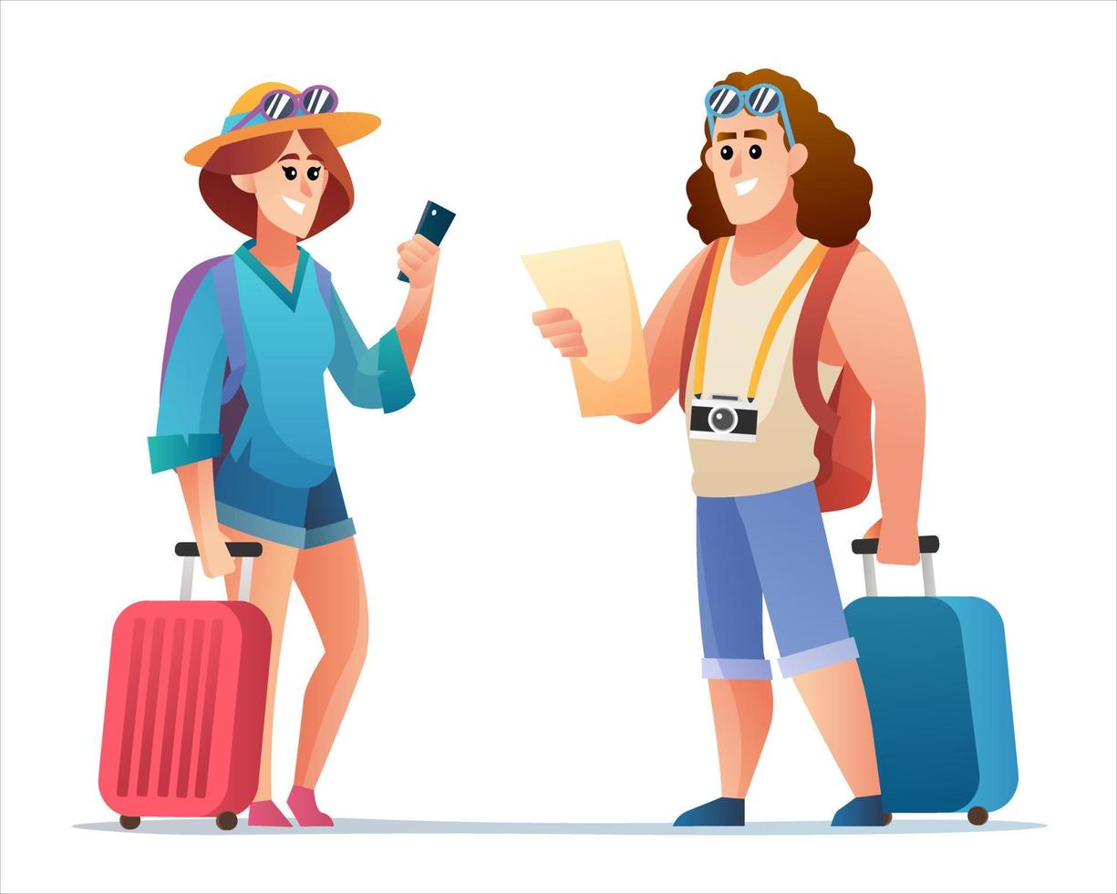 Happy couple traveller character set. Male and female traveler cartoon vector