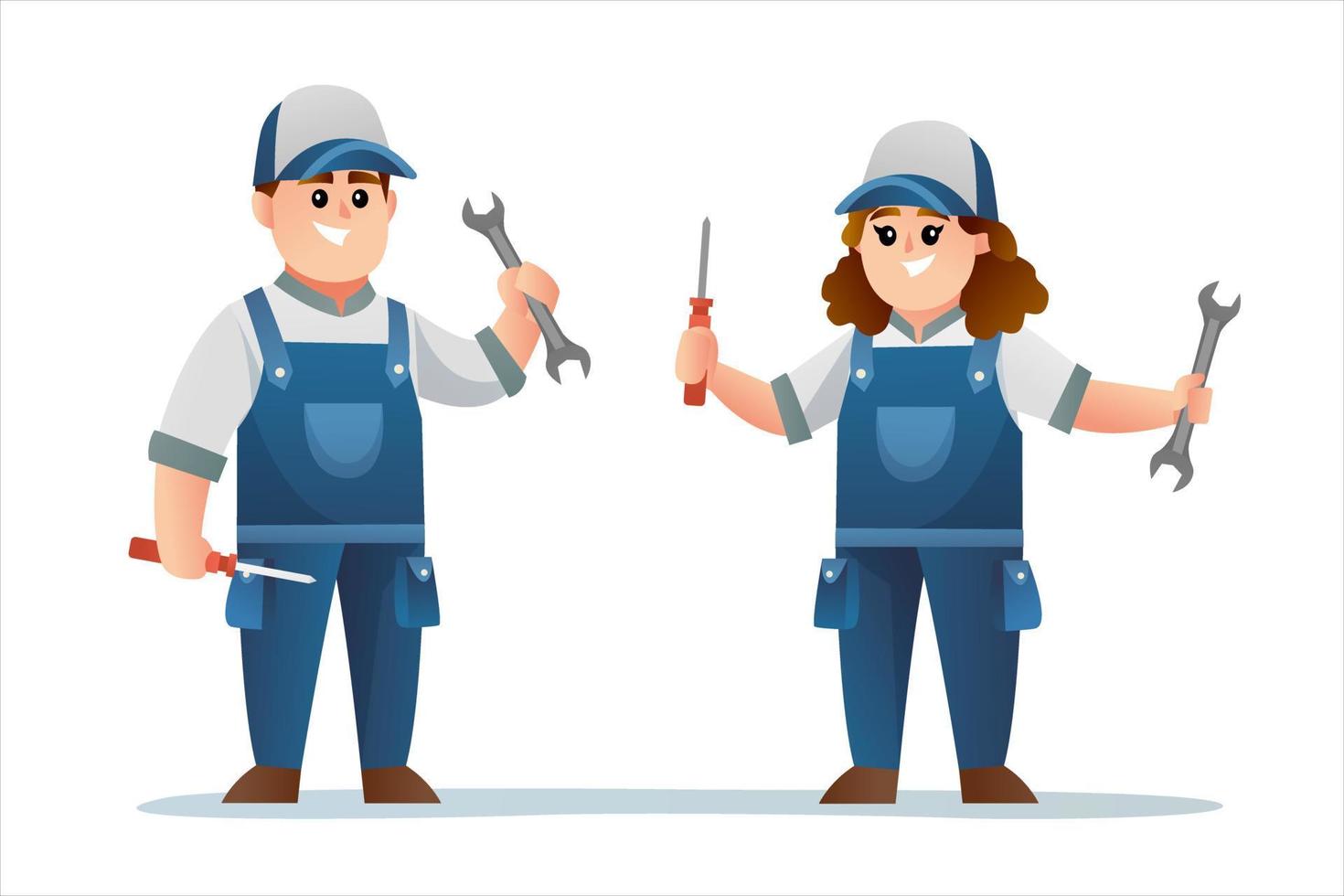 Cute boy and girl technician character holding spanner and screwdriver vector cartoon