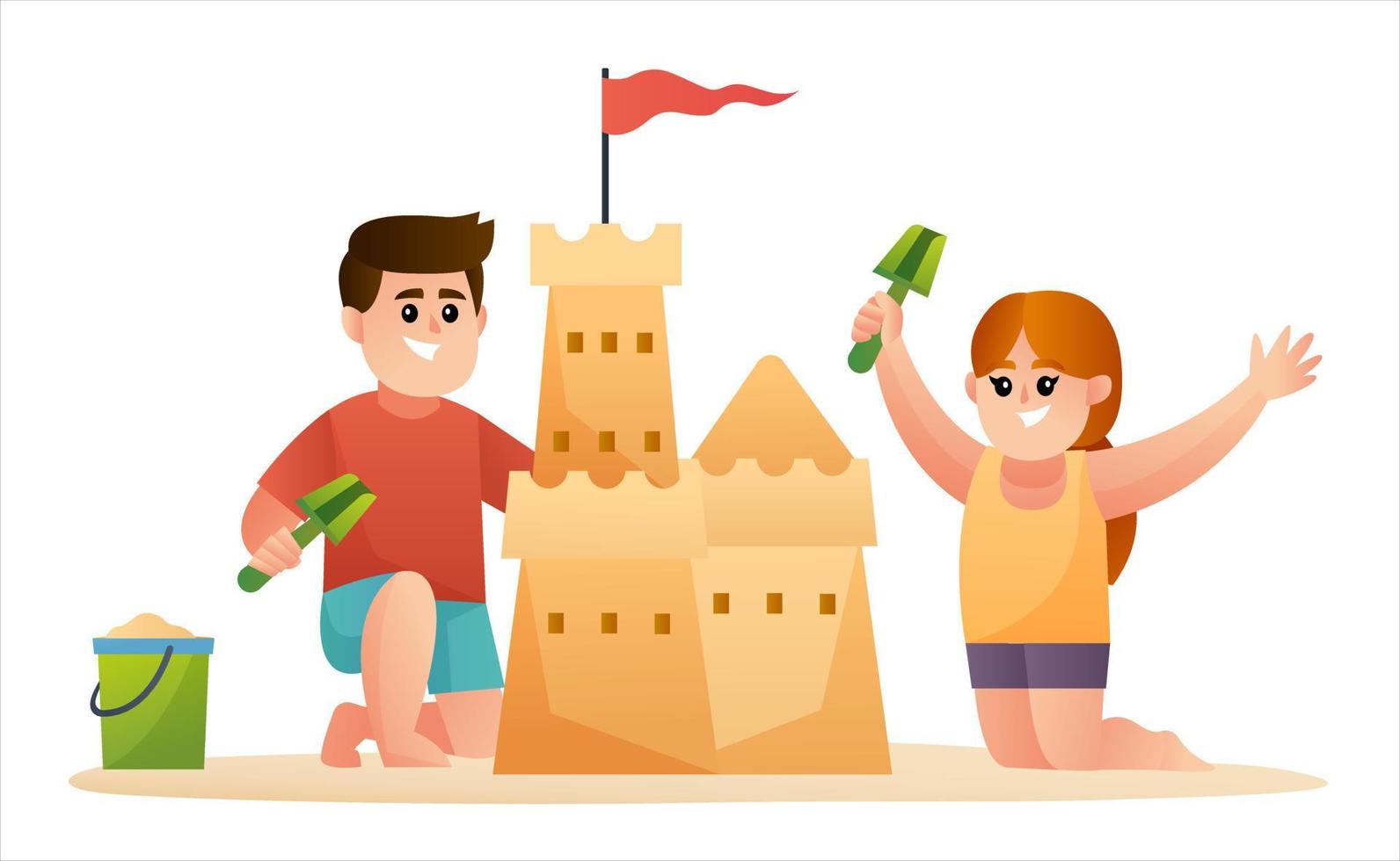 ilustración de dos lindos niños construyendo castillos de arena vector