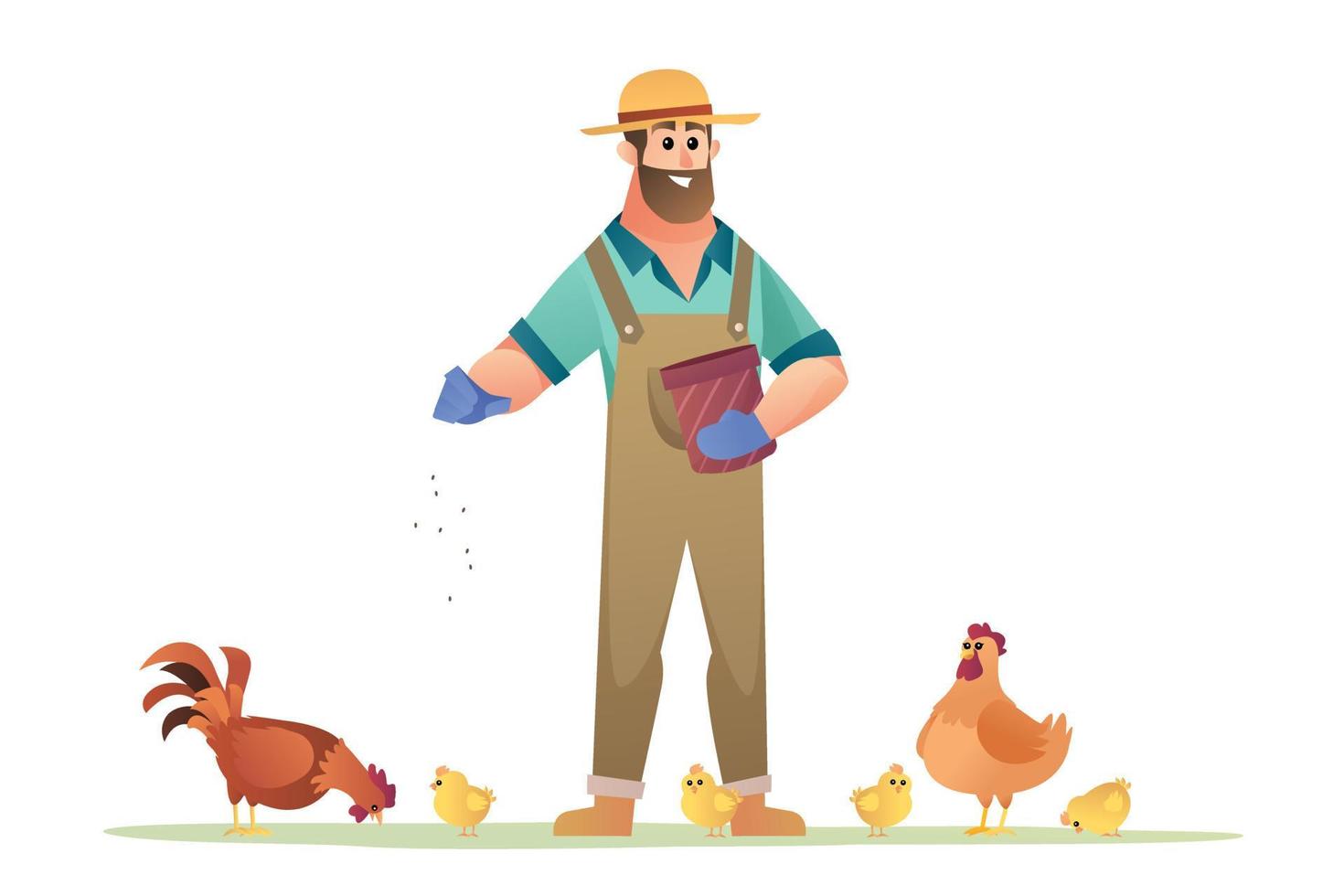 Happy farmer feeding chickens illustration vector