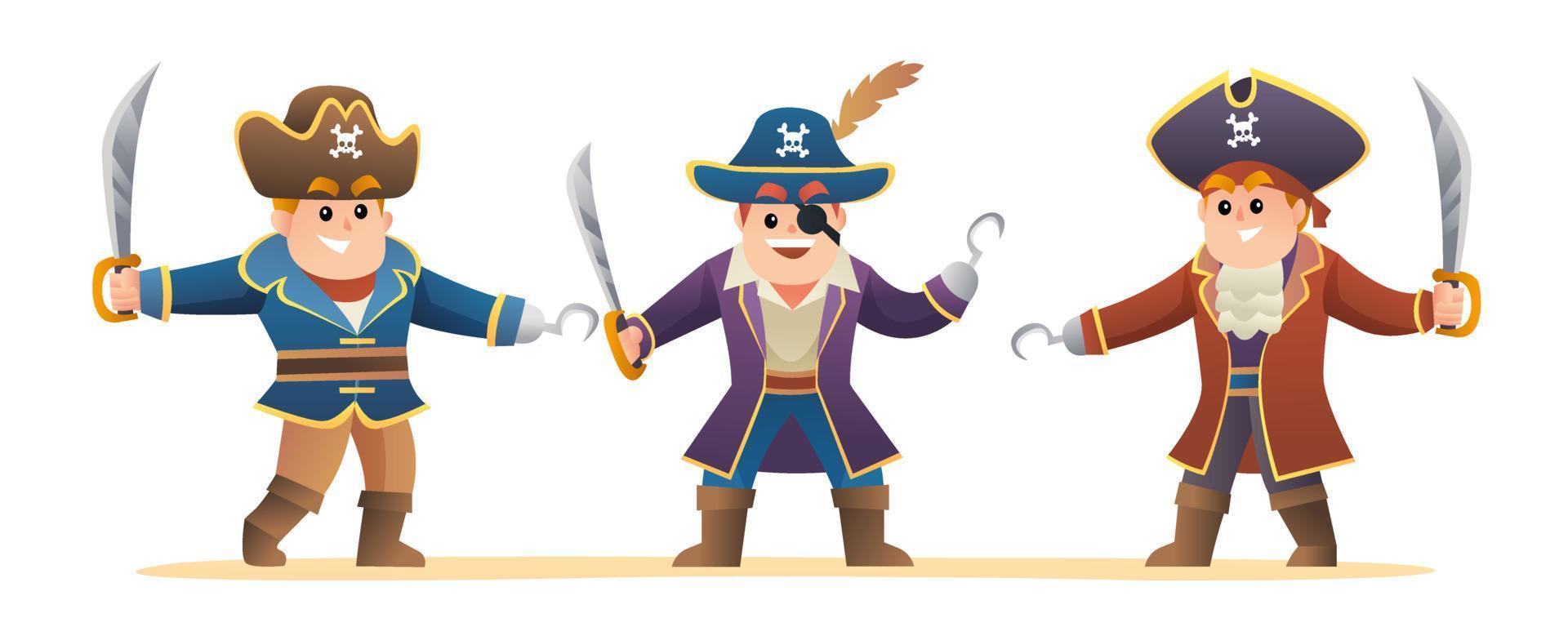 Cute pirates holding sword character set illustration vector