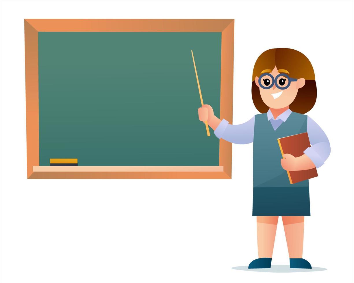 Cute female teacher with blackboard cartoon illustration vector