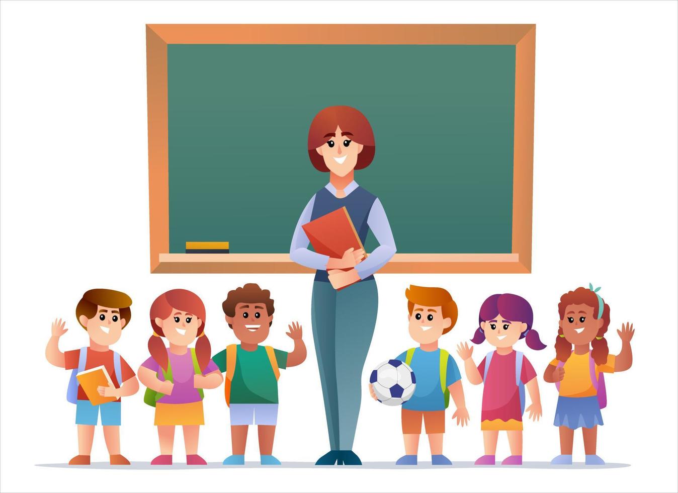 Teacher and children students in front of blackboard illustration vector